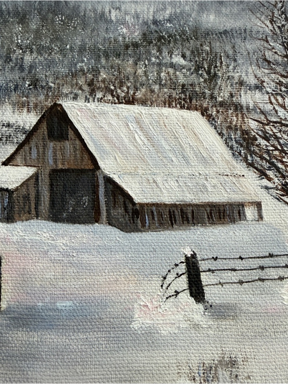 Vintage Impressionist Landscape Oil Painting Signed J Rusk Cabin Mountains Snow - Picture 3 of 12